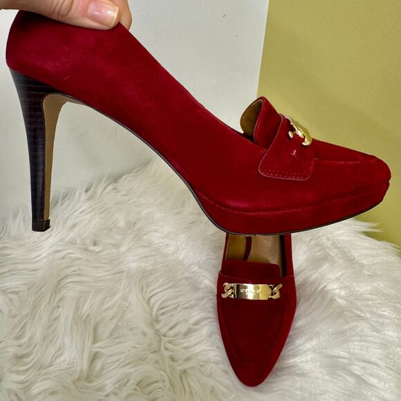 Coach Garden Loafer Platform Pump Heels Dark Red Suede Logo Womens 9B Career - Picture 2 of 14